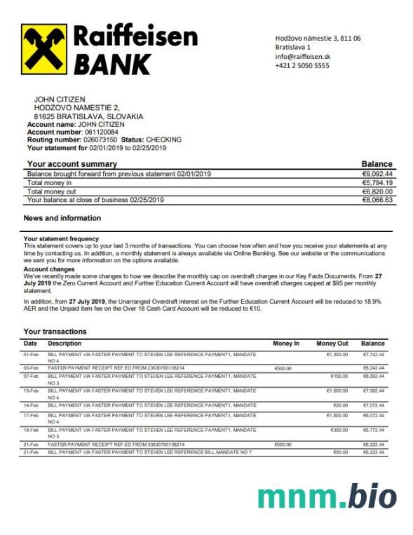 Słowacja Raiffeisen Bank szablon w formacie excel pdf